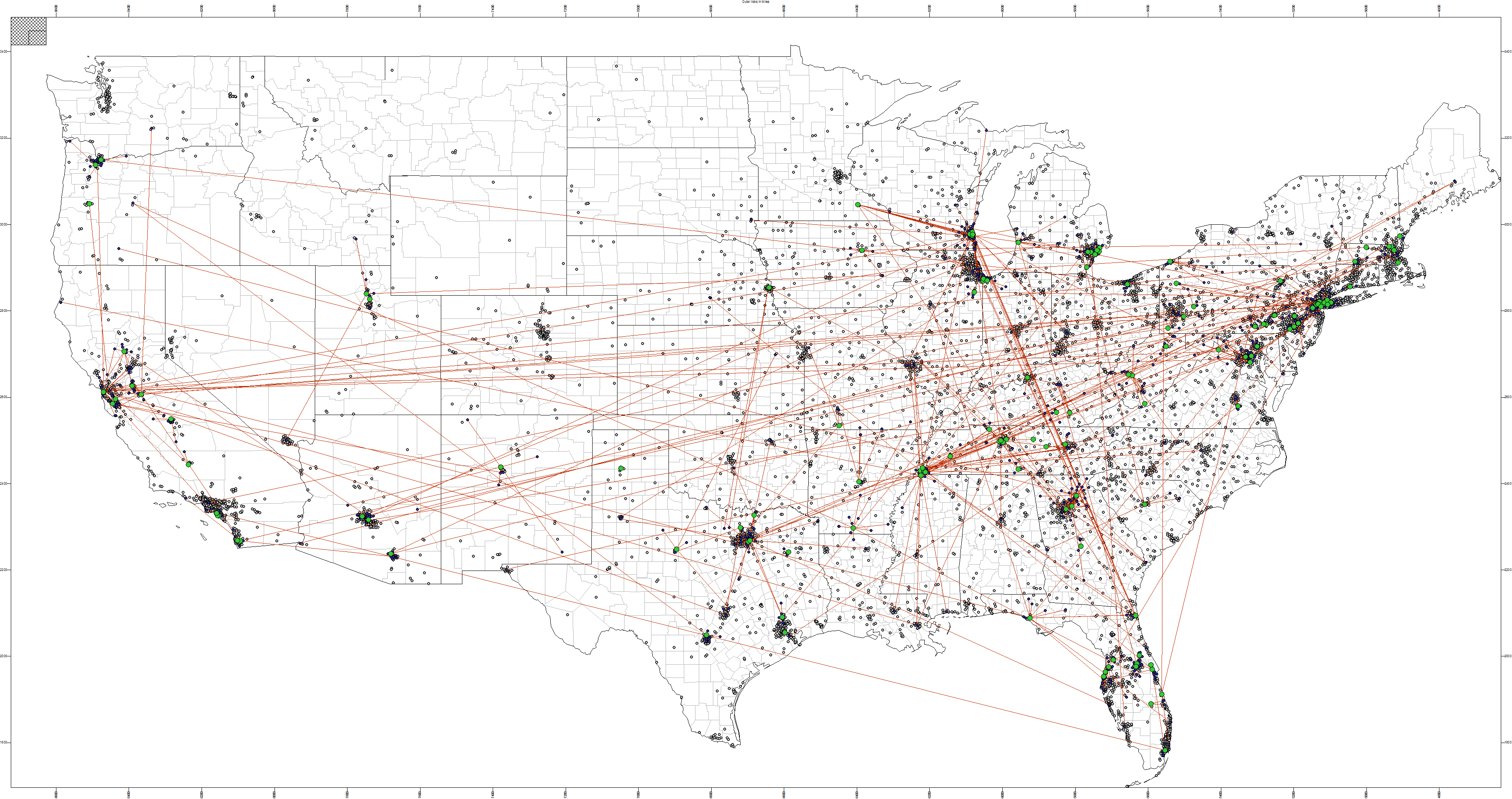Map of the continental United States showing patient referral connections between providers, with lines linking referring practices to high-density treatment centers